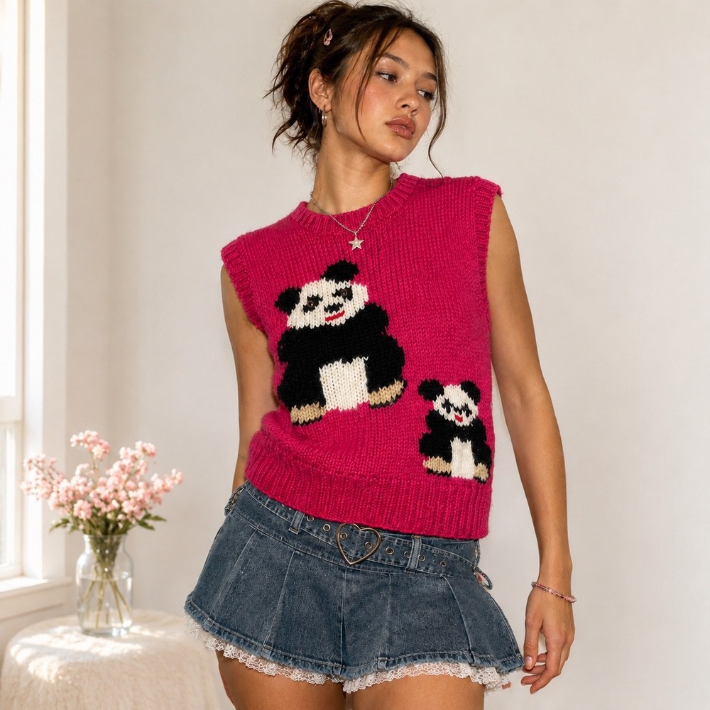 Vtg 80s Currants Hand Knit Pink Knitted Panda Bear Vest Kawaii Chunky Statement